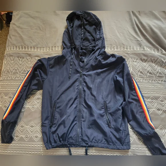 Zyia Active Navy With Rainbow Stripes Windbreaker Size Medium - Picture 1 of 12